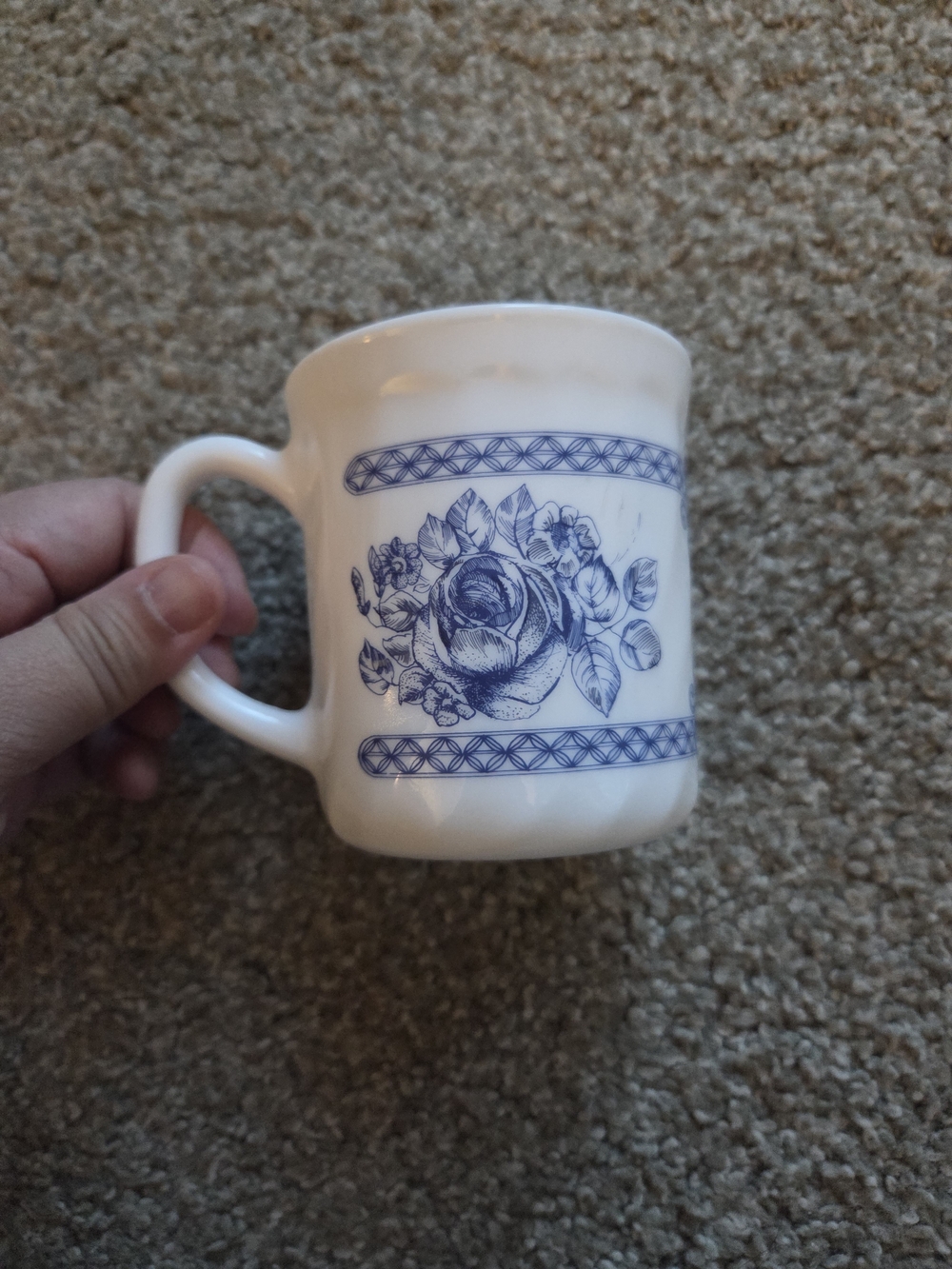 Vintage Arcopal France "Honorine" Blue Floral Coffee Cup Mug Opal Glass